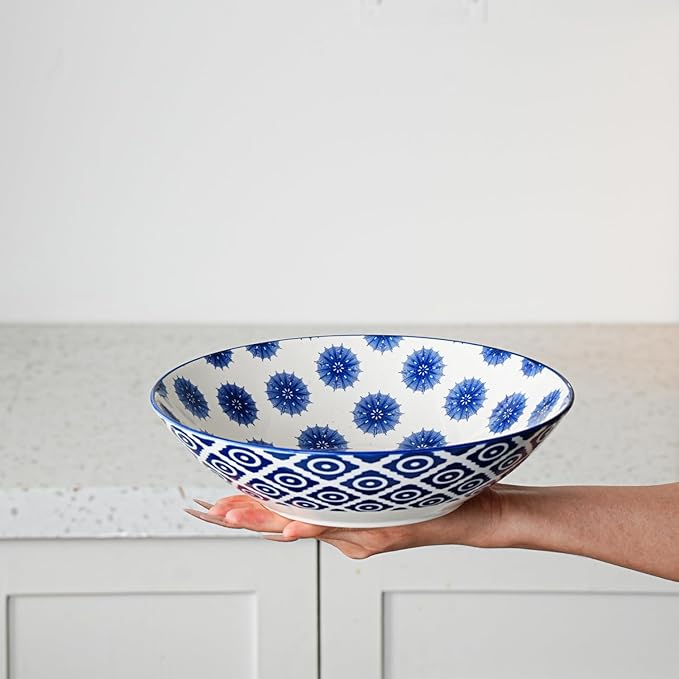 Ceramic Pasta Bowls Set - 40 Oz Porcelain Large Salad Bowls Serving - 9 Inch Wide Shallow Plate Bowls for Eating - Housewarming Wedding Gift - Oven Dishwasher Safe - Set of 4 - Vintage Blue
