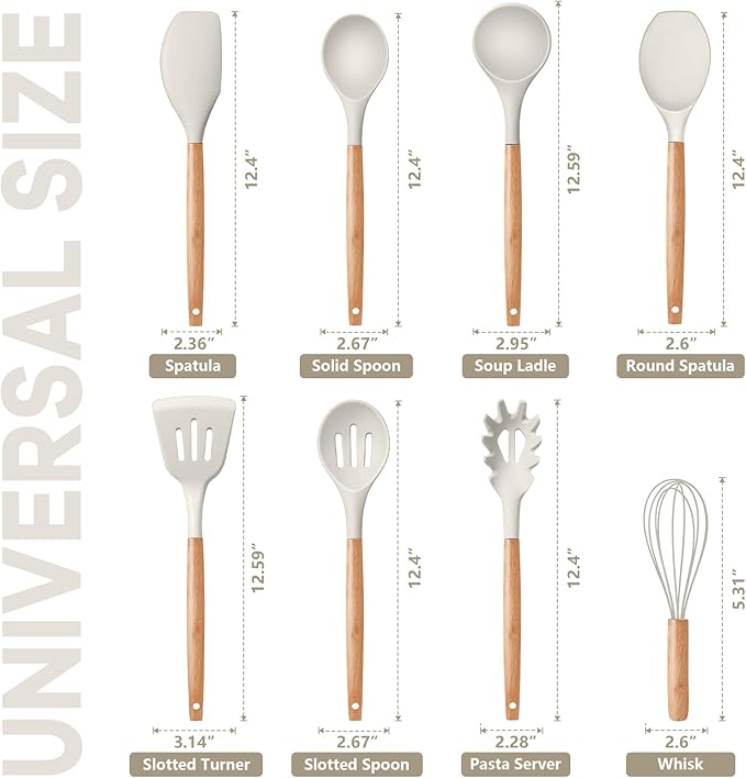 P&P CHEF Silicone Cooking Utensils Set, 8-Piece Kitchen Cooking Utensil with Wooden Handle, Silicone Spatula for Nonstick Cookware, Heat-proof & Easy Clean, Khaki