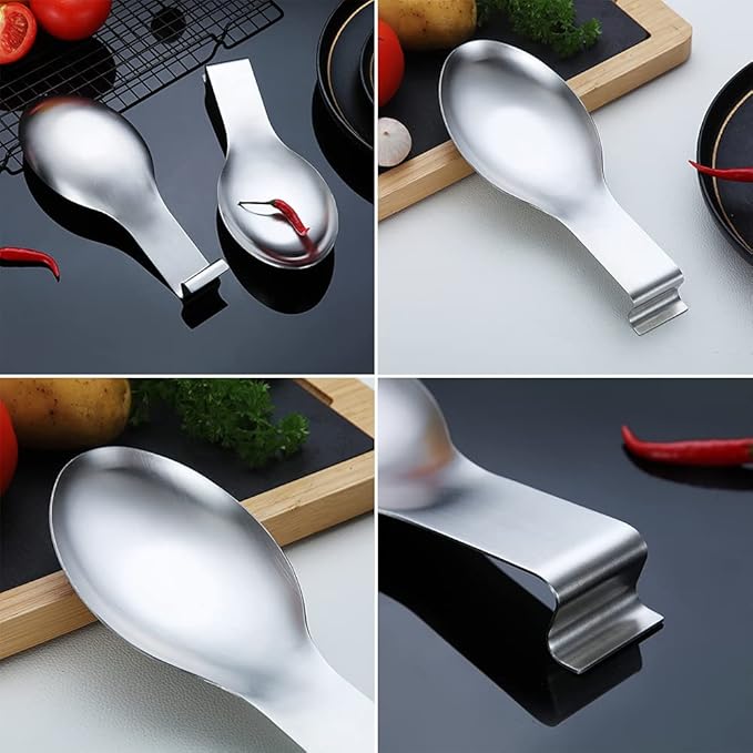 Matte Silver Stainless Steel Spoon Rest, 2-in-1 Stove Top Holder for Ladles, Tongs, Spatula, Pot Lid - Dishwasher Safe (2PC-9.5 Inch)