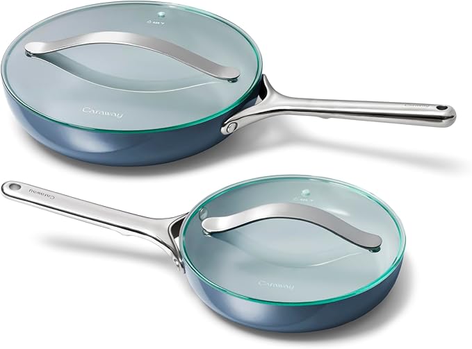 Caraway Ceramic Fry Pan Duo with Glass Lids - Non-Stick Frying Pans (10.5” & 8”) - Non Toxic, PTFE & PFOA Free - Oven Safe & Compatible with All Stovetops – Navy