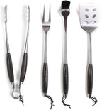 Schmidt Brothers - BBQ Ash 4 Piece Grill Set, Full-Forged Stainless Steel Grilling Utensils Including Spatula, Fork, Basting Brush, and Tongs with All Wood Handles