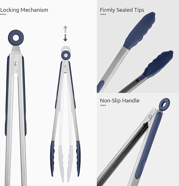 600ºF Heat Resistant Kitchen Tongs: U-Taste 9+12 inch Silicone Cooking Tong Set with Firm Sealed Non Stick Rubber Tips and Silicon Coated 18/8 Stainless Steel Handle for Serving Grilling-Midnight Blue