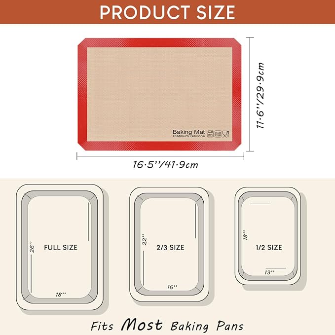 Silicone Baking Mat, Sopito Food Safe Silicone Baking Sheet, Heat Proof 480℉ Cooking Mat, Length 16.5 in Width 11.6 in, 2 PCS-Red