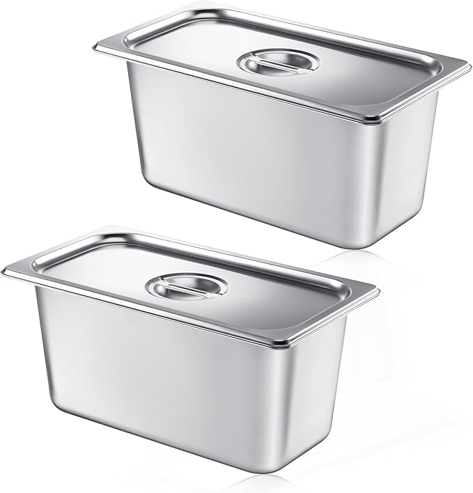 Mifoci 2 Pack Stainless Steam Hotel Pan with Lid, 1/3 Size x 6 Inch Deep Steam Table Pan Restaurant Supplies Reusable Anti Rust Water Tool for Home, Party, Restaurant, Hotel, Buffet