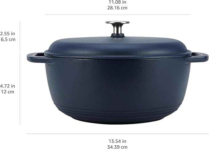 Amazon Basics Cast Iron Dutch Oven Pot with Lid, Enameled, Round, Dual Handles, Heavy-Duty, Medium, 6-Quart, Matte Navy