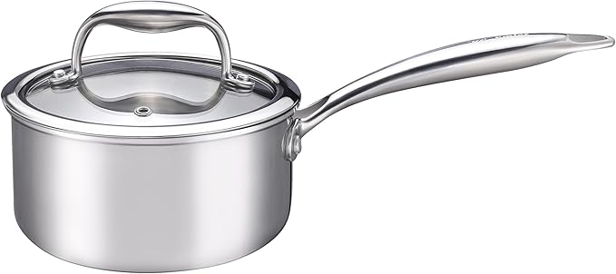 1-Quart Saucepan with Lid, Tri-Ply Stainless Steel Pot with Stay-Cool Handle & All Cooktop Compatibility (Gas, Ceramic, Electric) - Silver