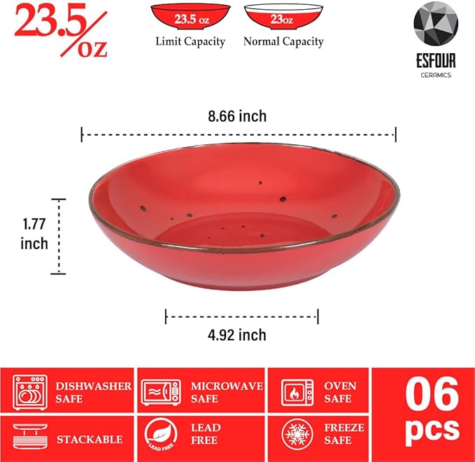 Esfour 8 Inch Porcelain Pasta Bowl, 16 Ounces Salad Bowls, Microwave & Dishwasher Safe, Sturdy & Stackable, Set of 6 Ceramic bowls Plates Set, Wide Shallow salad Bowls Set, Vivid Assorted Colors