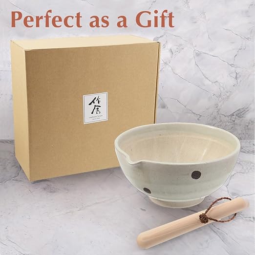 TIKUSAN Japanese Ceramic Ripple Ridge Mortar & Pestle Suribachi Bowl and Surikogi Set with Spout 7.1 inches Made in Japan (White)