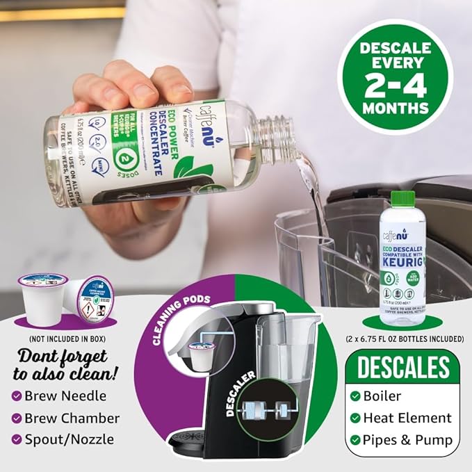 Keurig Compatible Descaling Solution. 2 Bottles of Descaler Solution. Descaling Kit Removes Limescale For Hotter Coffee. 4 Uses Descaler For Keurig Coffee Makers.