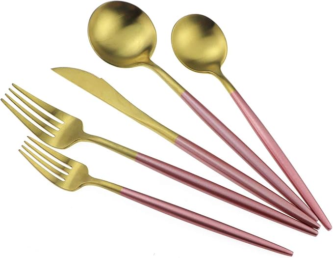Gugrida Pink Gold Flatware, Royal 20 Piece Matte Pink Handle 18/10 Stainless Steel Tableware Sets for 4 Including Forks Spoons Knives, Camping Silverware Travel Utensils Set Cutlery (Pink Gold)