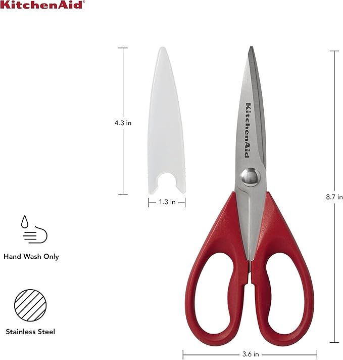 KitchenAid All Purpose Kitchen Shears with Protective Sheath Durable Stainless Steel Scissors, Dishwasher Safe, Soft Grip Comfort Handle, 8.72 Inch, Red