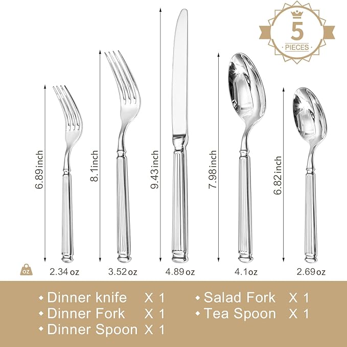 KINGSTONE Silverware Set, 18/10 Stainless Steel Flatware Set - Roman Column Embossed Thick Handle, for Wedding, Home, Restaurant, Camping and Party, Mirror Polish & Dishwasher Safe (5-Piece)