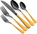 20-Piece Yellow Silverware Set 18/0 Stainless Steel Black Silverware Set Yellow Handle Cutlery Black Set Service for 4 Dinner Knives Forks Spoons Set Flatware Set Finish Dishwasher Safe
