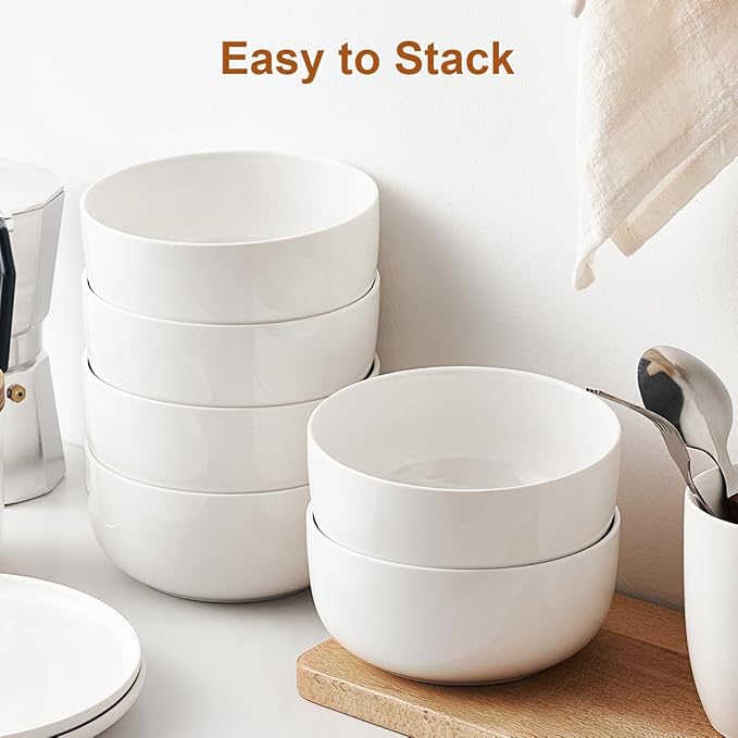 Jassceram Cereal Bowls Set of 6, 30 Oz Ceramic Bowls for Soup, Salad, Dessert, Oatmeal and Breakfast, Suitable for Kitchen or Dining - Dishwasher & Microwave Safe, 6 Inch, White