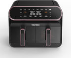 8 QT Large Air Fryer, Dual Basket Airfryer with Easy View Windows, Preheat, Air Fry, Roast, Broil, Bake, Dehydrate, 2 Independent 4 QT Nonstick Dishwasher Safe Baskets, w/Pink Border