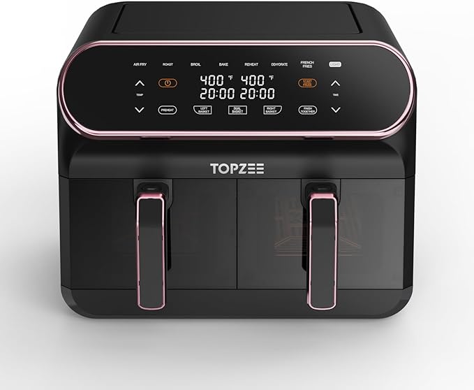 8 QT Large Air Fryer, Dual Basket Airfryer with Easy View Windows, Preheat, Air Fry, Roast, Broil, Bake, Dehydrate, 2 Independent 4 QT Nonstick Dishwasher Safe Baskets, w/Pink Border