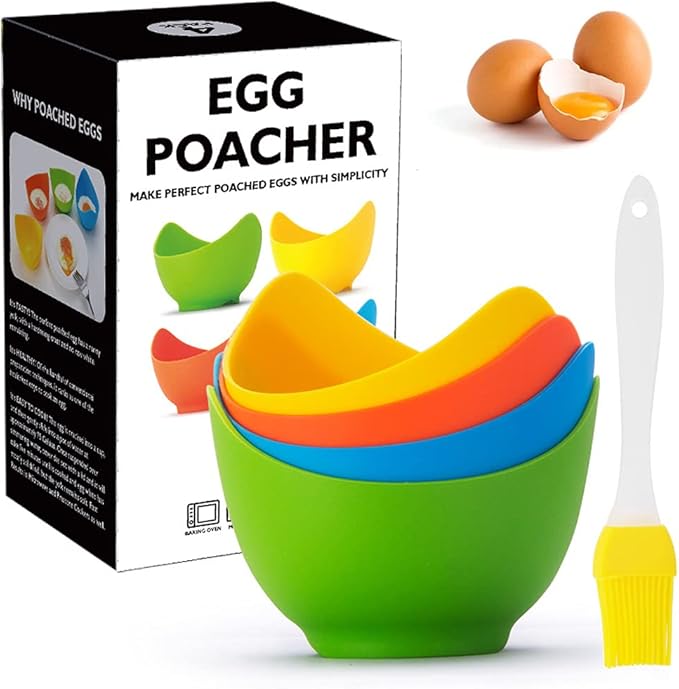 Silicone Egg Poacher Cups with Ring Standers, Egg Boiler Mold Cup for Microwave Air Fryer Stovetop Cooking, Non-Stick, BPA-free, Set of 4