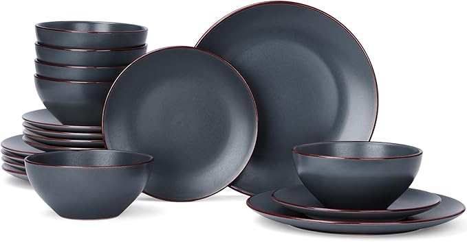 Famiware Venus Plates and Bowls Sets, 18 Pieces Stoneware Dinnerware Sets, Speckled Dishes Set for 6, Microwave and Dishwasher Safe, Matte Charcoal
