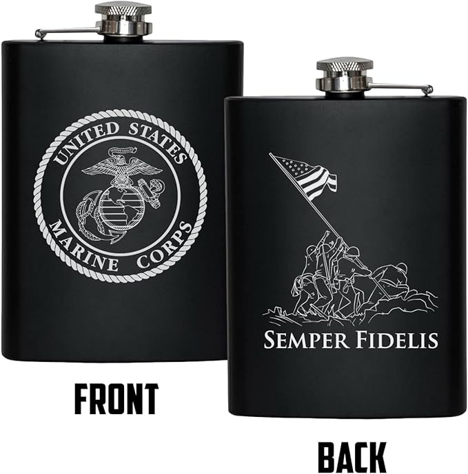 Stainless Steel Hip Flask for Liquor – Matte Black, Great Gift Idea for Marines | USMC 8oz Flask Black