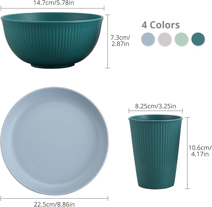 Tanice Kids Dinnerware Set, 12PCS Plastic Plates and Bowls Sets, Kids Dinnerware Set for 4, Plastic Dishes Set with Pltaes, Bowls, Cups for Kitchen, Outdoor Camping