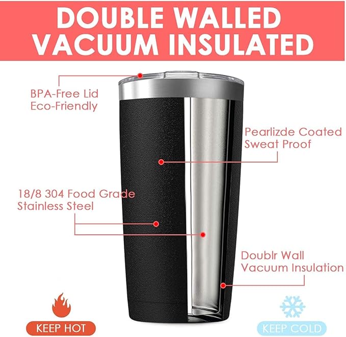 20oz Tumbler Vacuum Insulated Travel Mug with Lids, Stainless Steel Double Wall Bulk Cup for Home, Office, Outdoor Suitable for Vehicle Cup Holders(Set of 8, Black)
