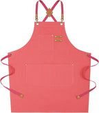 AFUN Chef Aprons for Women Men with Large Pockets, Cotton Canvas Cross Back Water Repellent Work Apron, Size M to XXL (Pink)