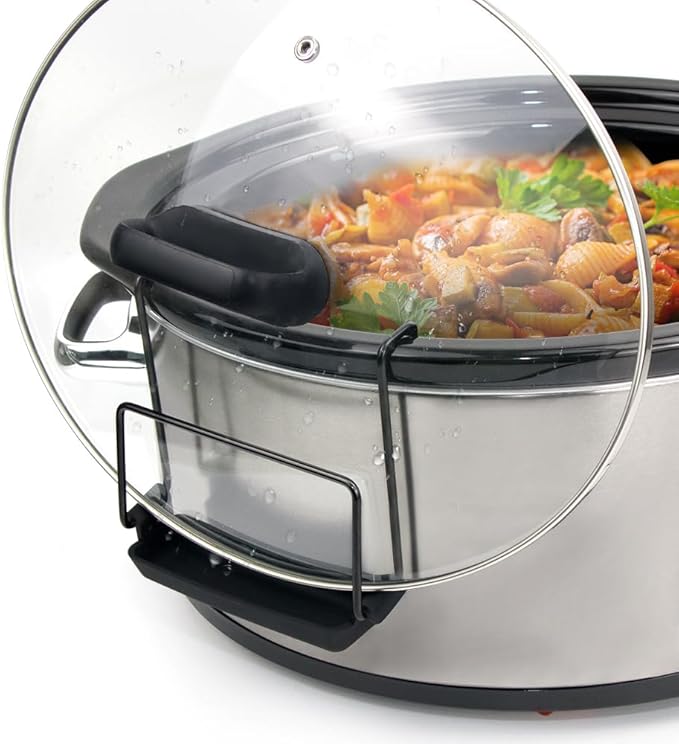 SOPHICO Slow Cooker Lid Holder for Cooking, Hand Free Pot Lid Organizer Fits Most Slow Cookers, Stainless Steel Pot Lid Rack with Silicone Sink Keeps Countertop No Mess (Black, 2 Pack)