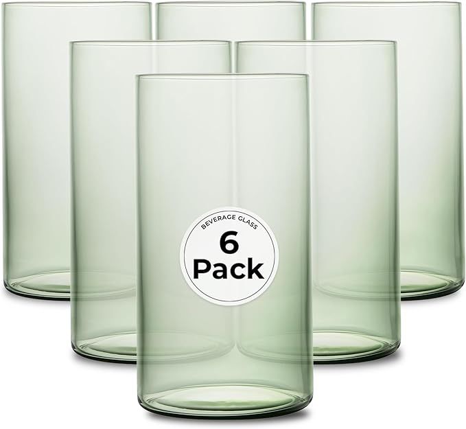 Restaurantware-Vetri 16 Ounce Tall Drinking Glasses, 6 Dishwashable Beverage Glasses - No-Lead, Elegant, Green Glass Tumblers, Ideal For Water, Juice Beer, Cocktails, Liquor, Iced Tea, And More
