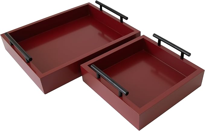 Set of 2 Serving Tray with Handles - for Coffee Table, Breakfast, Dinner Kitchen Living Room Bedroom, Home Decor for All Occasions, Red, Size S+M