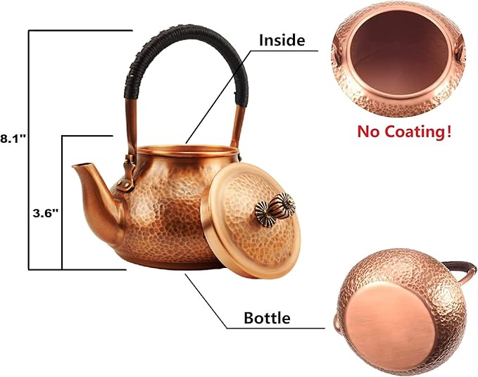 Funmaker Handmade Solid Copper Tea Pot Kettle Stovetop Teapot Thick Hammered Copper Tea Pot Kettle Stovetop Teapot Made for gasstove tops pure copper kettle (Type 6-1300ml)