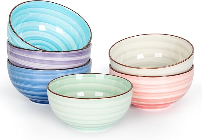 KitchenTour 24 OZ Cereal Bowls Set of 6, Ceramic Soup Bowls for Kitchen, 5.9 Inch Colorful Serving Bowls for Oatmeal, Salad, Pasta, Dessert - Microwave & Dishwasher Safe, Assorted Warm Colors