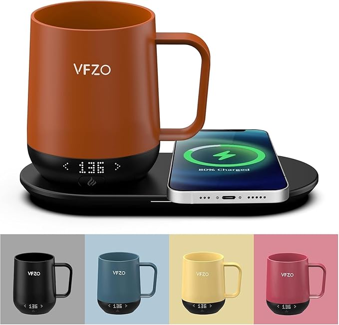 Temperature Control Smart Mug, Self Heating Coffee Mug LED Display, 180 Min Battery Life - Hot up to 149℉ Fast Wireless Charger Base Improved Design (12oz, Orange)