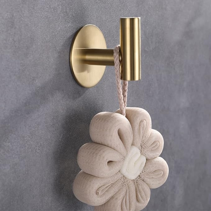 Adhesive Hooks 304 Stainless Steel Robe Hook Holder Heavy Coat Hook for Bathroom Kitchen Livingroom Garage Hotel Brushed Finish 2pcs (Brushed Gold)