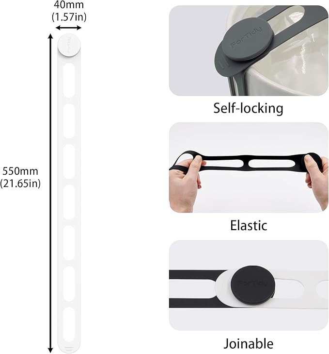 Silicone Utility Strap for Slow Cooker Lid, Pot, Bento Box, 21.65 In Reusable Elastic Self-Lock Silicone Tie for Bundling or Organizing Curtain, Cords, Yoga Mat, Camping Mat, 2pcs (White&White)