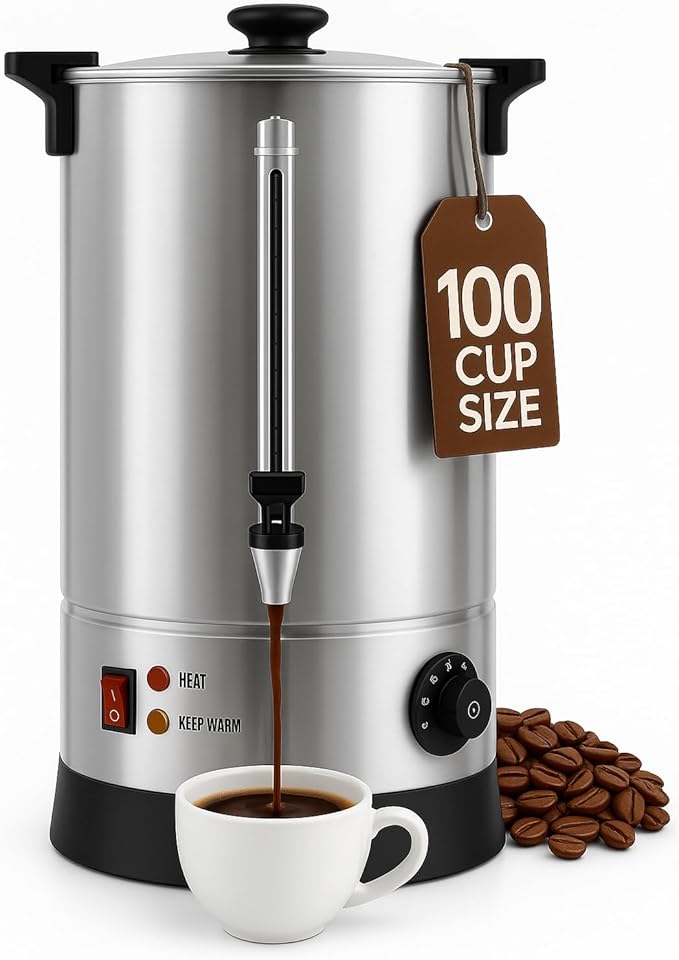 100 Cups Coffee Urn, Commercial Coffee Maker, Dual Wall Stainless Steel Coffee Urn Large Coffee Dispenser Insulated For Catering Business Wedding Party