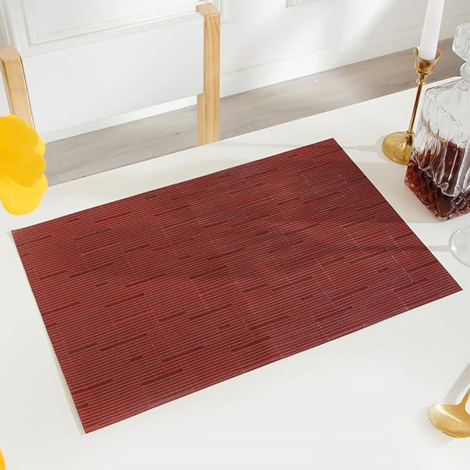 PIGCHCY Elegant Placemats with Matching Table Runner,Washable Durable Placemats Crosswoven Vinyl Table mats Sets(6pcs Placemats+1pcs Table Runner,Same Style,Burgundy Red)