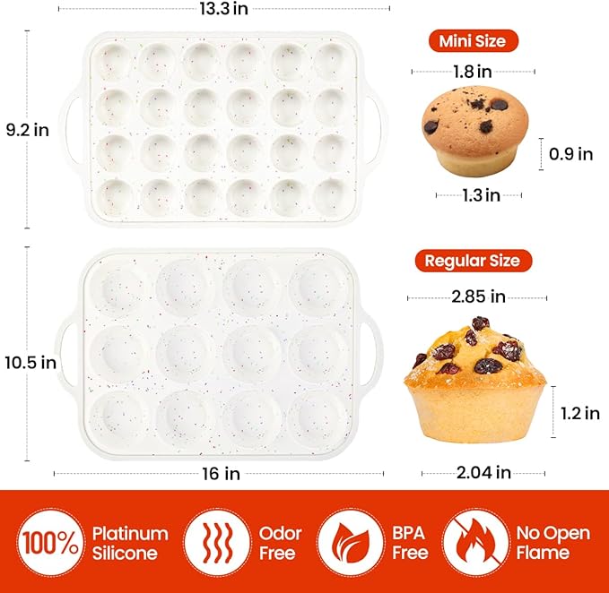 Silicone Muffin Pans for Baking, Metal Reinforced Frame Regular 12 Cups & Mini 24 Cups Cupcake Pan Set Nonstick Muffin Pan for Homemade Baking Easy to Handle