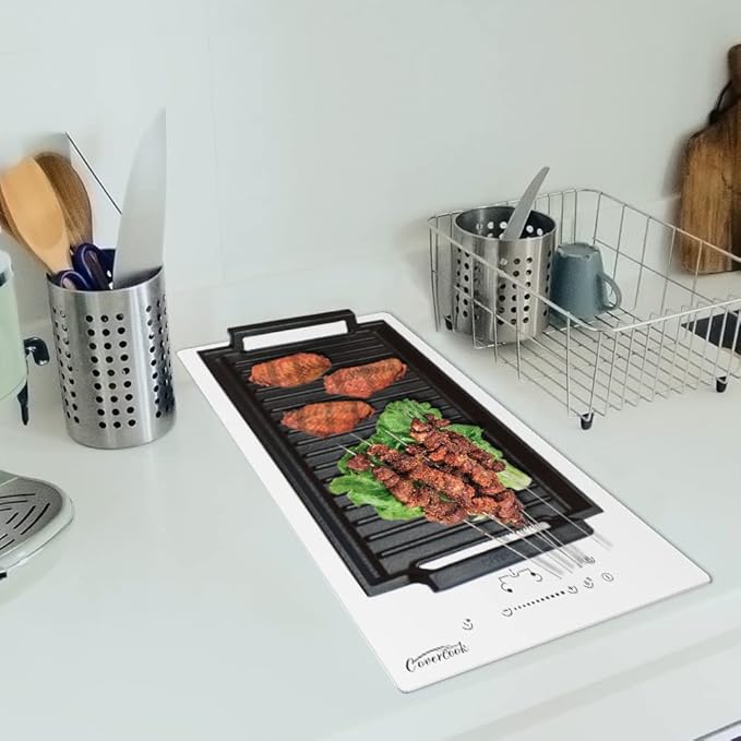 COVERCOOK Griddle Pan, Cast Iron Grill Hot Plate, Rectangular Grill, 2 handles with Ridged Surface for Induction Electric Cooktop，16 x 9inch