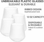 18 count origami ripple Unbreakable Stemless Plastic Wine Champagne Whiskey Glasses Elegant Durable Disposable Indoor Outdoor Ideal for Home, Office, Bars, Wedding, Ribbed 12 Ounce Cups (18, Clear)