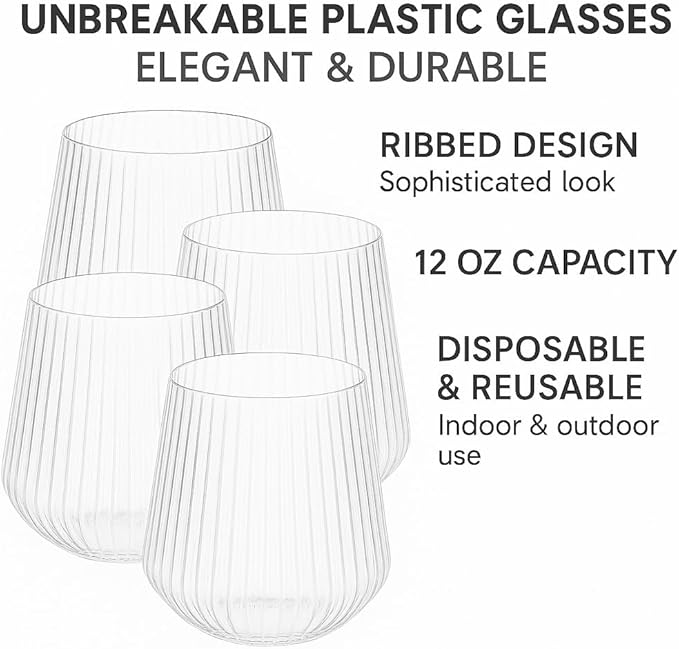 18 count origami ripple Unbreakable Stemless Plastic Wine Champagne Whiskey Glasses Elegant Durable Disposable Indoor Outdoor Ideal for Home, Office, Bars, Wedding, Ribbed 12 Ounce Cups (18, Clear)