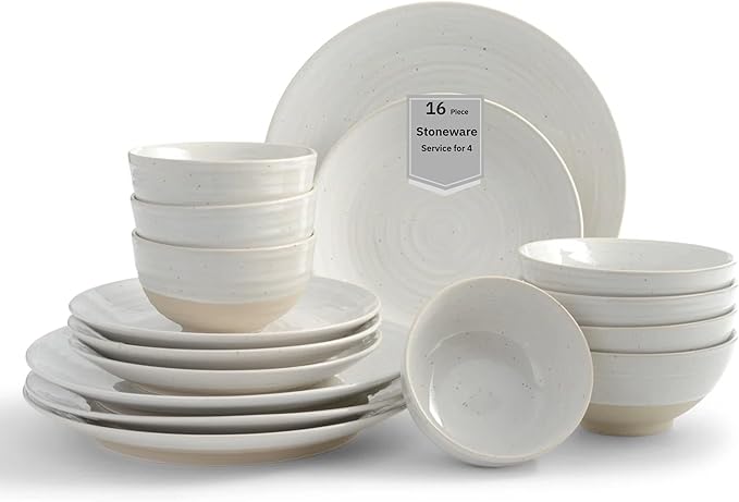 Sango Siterra 16-Piece Rustic White Stoneware Dinnerware Set – Service for 4, White with Glossy Speckle Overlay, for Everyday Dining & Entertainment, Microwave & Dishwasher Safe