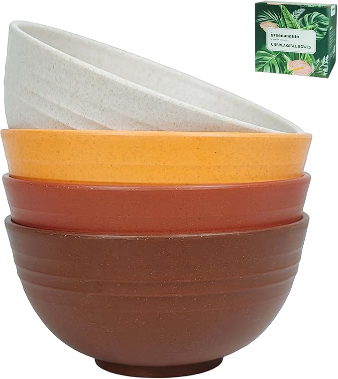 greenandlife 24oz/4PCS Wheat Straw Cereal Bowls, Lightweight Unbreakable Noodle Fruit Soup Rice Bowls Dishwasher Microwave Safe Bowl Sets, Non-toxin, BPA Free, Sunset Color