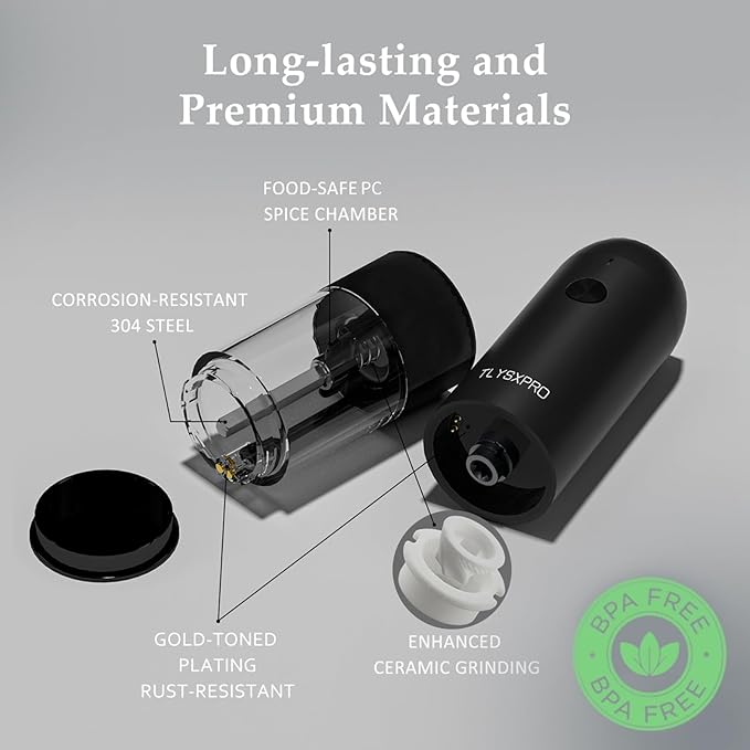 Electric Pepper Grinder, USB Rechargeable, Automatic Pepper Shaker, Adjustable Coarseness, Electric Pepper Mill, LED Light, Refillable, Kitchen Gadget (1-Pack, Black)