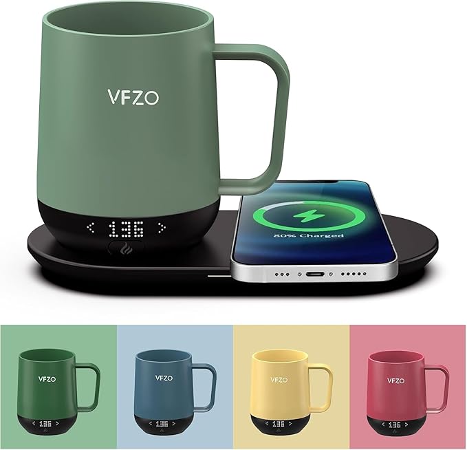 Temperature Control Smart Mug, Self Heating Coffee Mug LED Display, 180 Min Battery Life - Hot up to 149℉ Fast Wireless Charger Base Improved Design (12oz, Blue Grey)