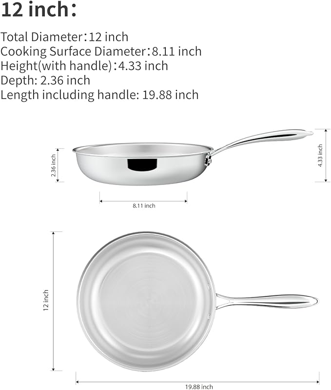 12 Inch Stainless Steel Frying Pan, 5-Ply Stainless Steel Skillet, Dishwasher and Oven Safe, Induction Pan, Even Heat Distribution