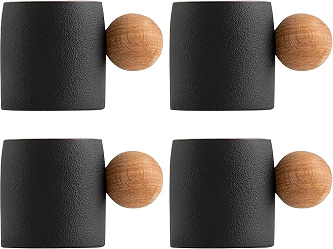 2-Oz Ceramic Espresso Cups with Wood Handle, 2/4-Piece Set for Coffee, Tea, Latte - Dishwasher Safe, Multi-Color & Wood Styles, Gift & Café Use (black, Round Handle4)