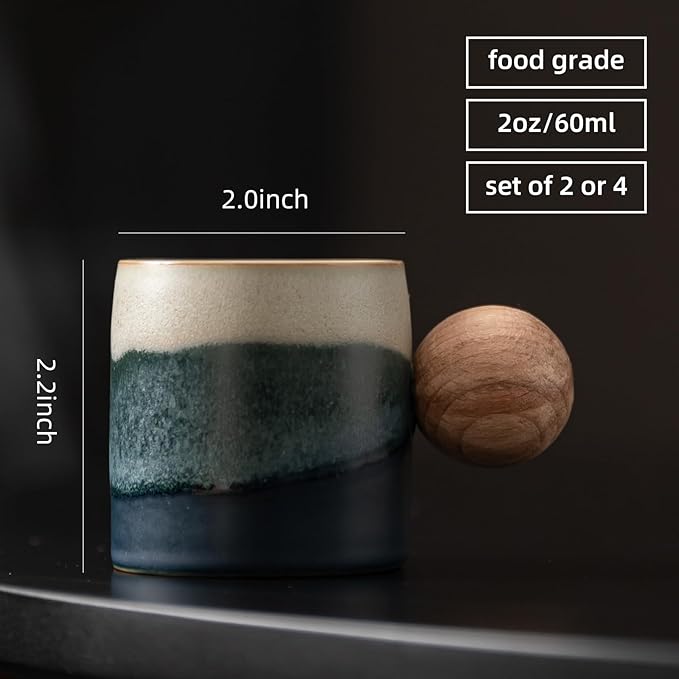 2-Oz Ceramic Espresso Cups with Wood Handle, 2/4-Piece Set for Coffee, Tea, Latte - Dishwasher Safe, Multi-Color & Wood Styles, Gift & Café Use (Kiln turning blue, Round Handle2)