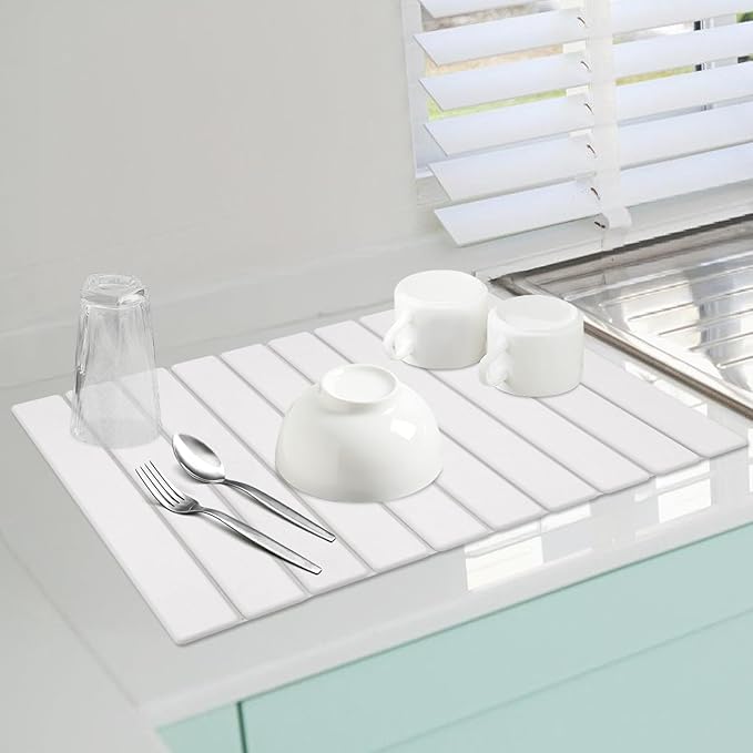 Large Stone Drying Mat, Diatomite Dish Drying Mat, Dish Mat Drying Kitchen Mat - Storable & Anti-Slip for Kitchen, Square, White, 24"x16"