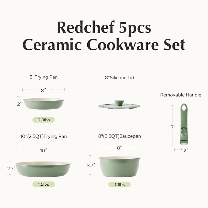 Redchef Ceramic Cookware Set, Removable Handle Pots and Pans Non-Stick, Rv Cookware Set, Non-Toxic Pots and Pans Set No PFAS, PTFE, PFOA, Detachable Pots and Pans, Dishwasher & Oven Safe (Green)