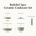 Redchef Ceramic Cookware Set, Removable Handle Pots and Pans Non-Stick, Rv Cookware Set, Non-Toxic Pots and Pans Set No PFAS, PTFE, PFOA, Detachable Pots and Pans, Dishwasher & Oven Safe (Green)